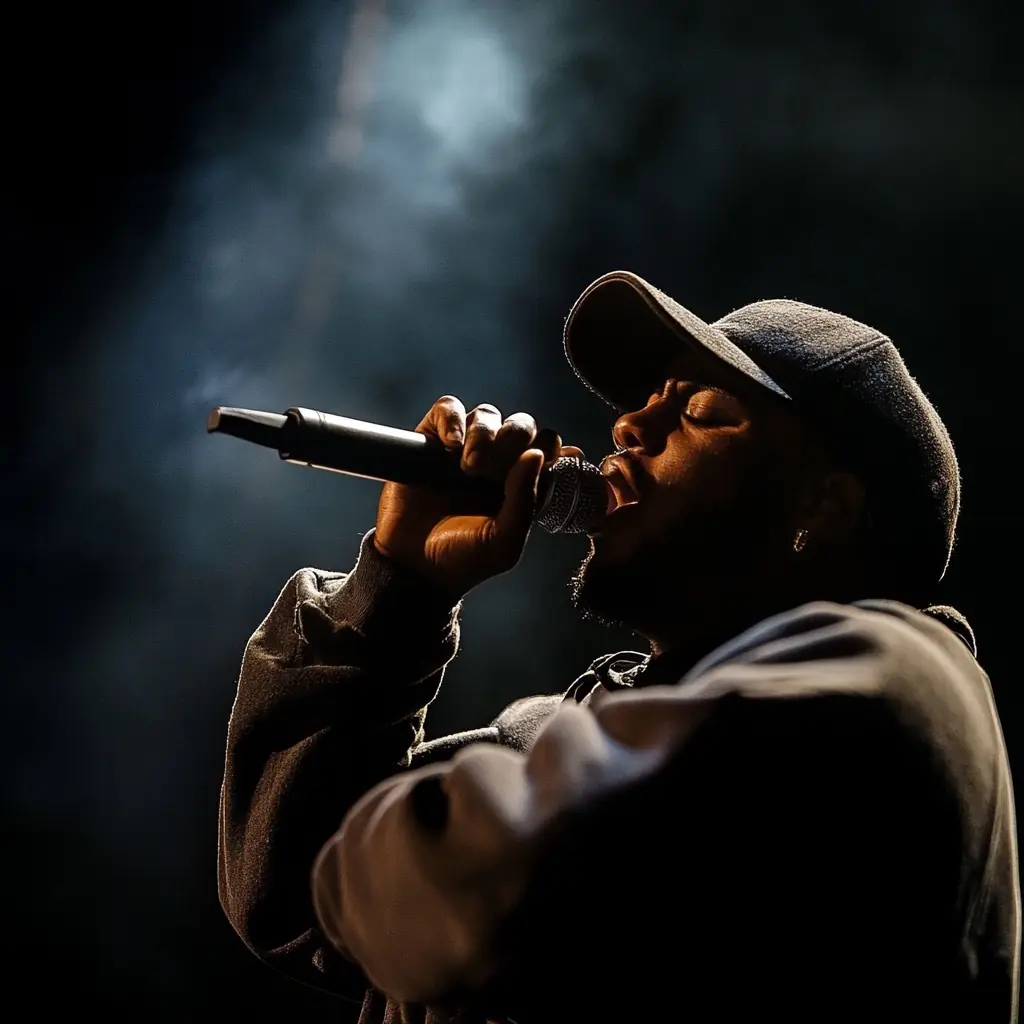 An emcee lit from behind by stage haze, mic raised, alone in the dark